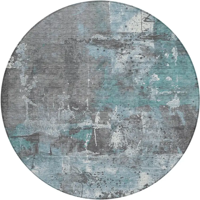 8' Teal Blue And Gray Round Abstract Washable Indoor Outdoor Area Rug Photo 1