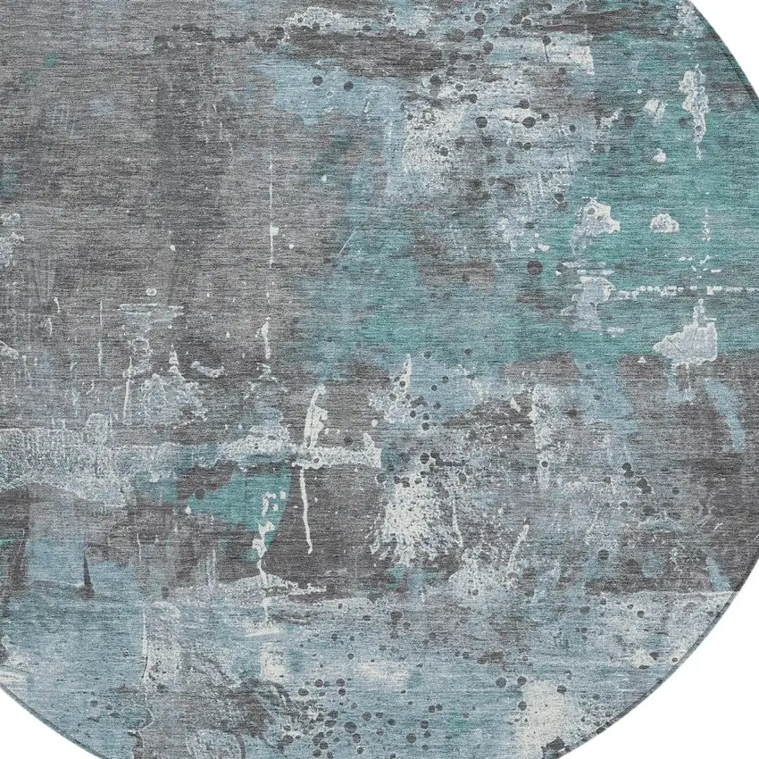 8' Teal Blue And Gray Round Abstract Washable Indoor Outdoor Area Rug Photo 8