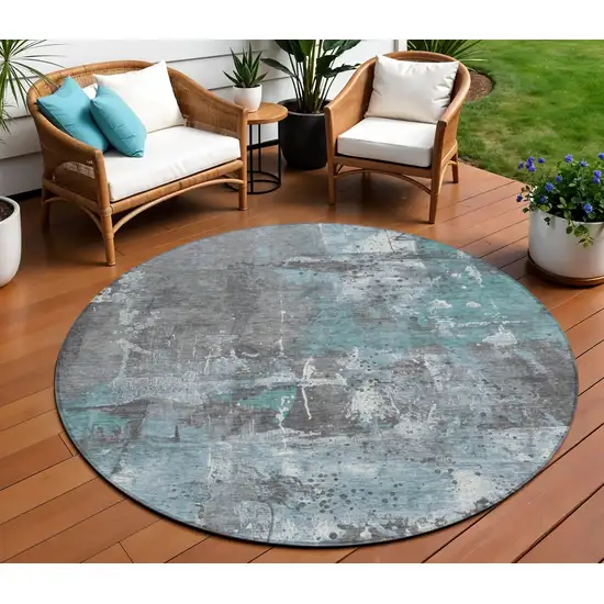 8' Teal Blue And Gray Round Abstract Washable Indoor Outdoor Area Rug Photo 2