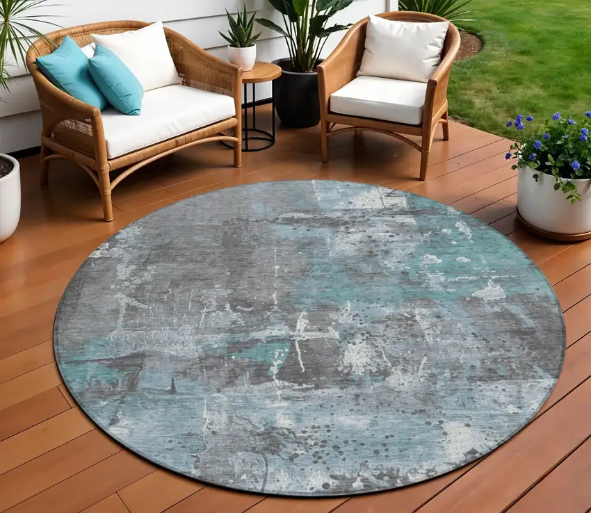8' Teal Blue And Gray Round Abstract Washable Indoor Outdoor Area Rug Photo 2
