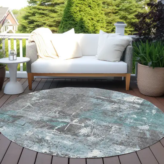 8' Teal Blue And Gray Round Abstract Washable Indoor Outdoor Area Rug Photo 5