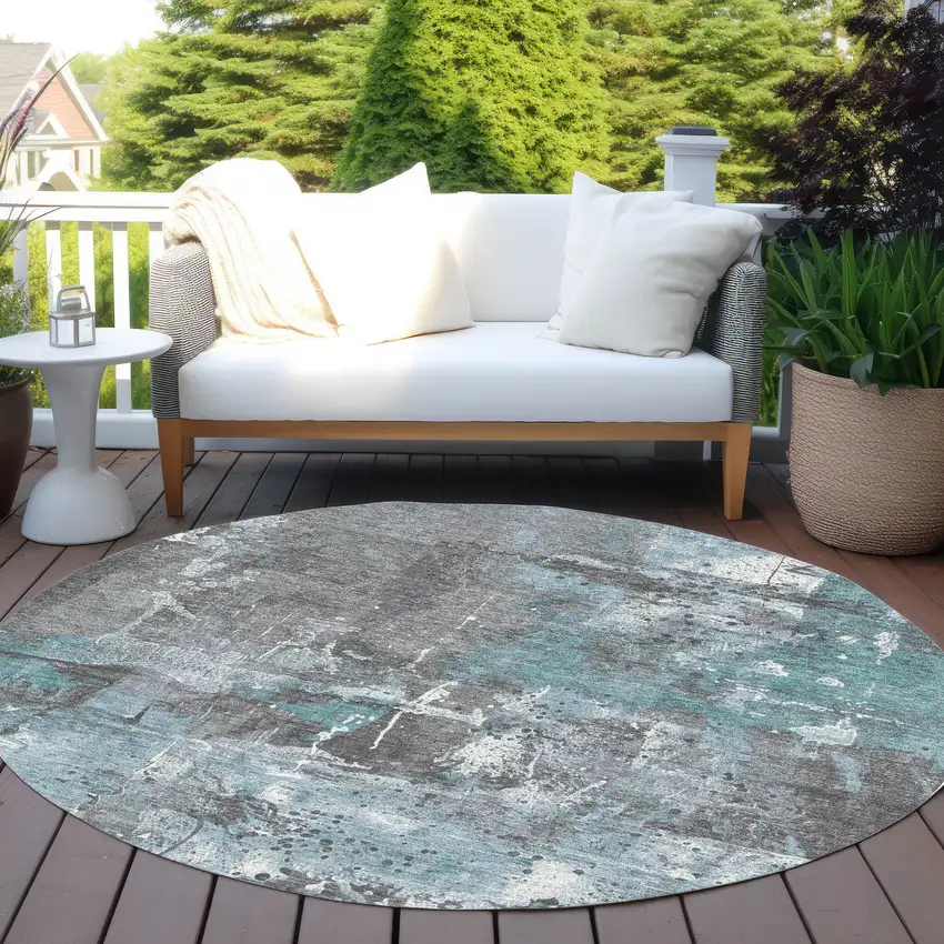 8' Teal Blue And Gray Round Abstract Washable Indoor Outdoor Area Rug Photo 5