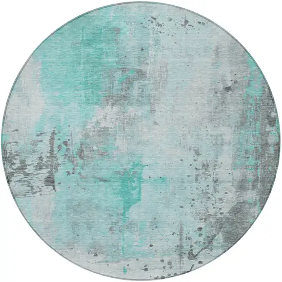 8' Teal Blue And Gray Round Abstract Washable Indoor Outdoor Area Rug Photo 4