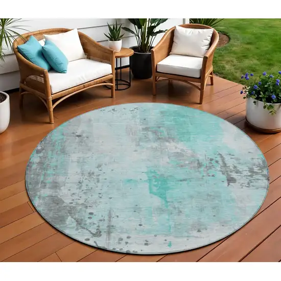 8' Teal Blue And Gray Round Abstract Washable Indoor Outdoor Area Rug Photo 2