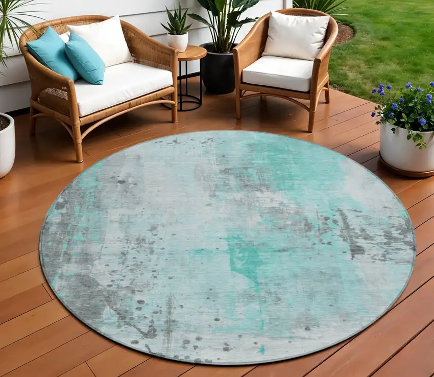 8' Teal Blue And Gray Round Abstract Washable Indoor Outdoor Area Rug Photo 2