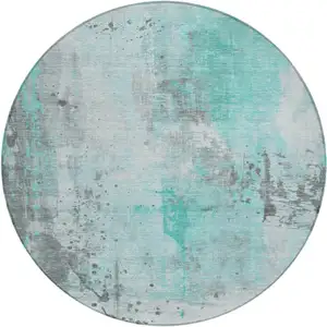 Photo of 8' Teal Blue And Gray Round Abstract Washable Indoor Outdoor Area Rug