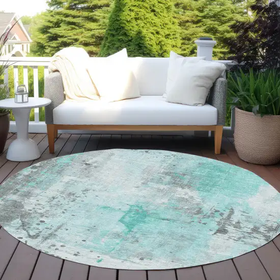 8' Teal Blue And Gray Round Abstract Washable Indoor Outdoor Area Rug Photo 5