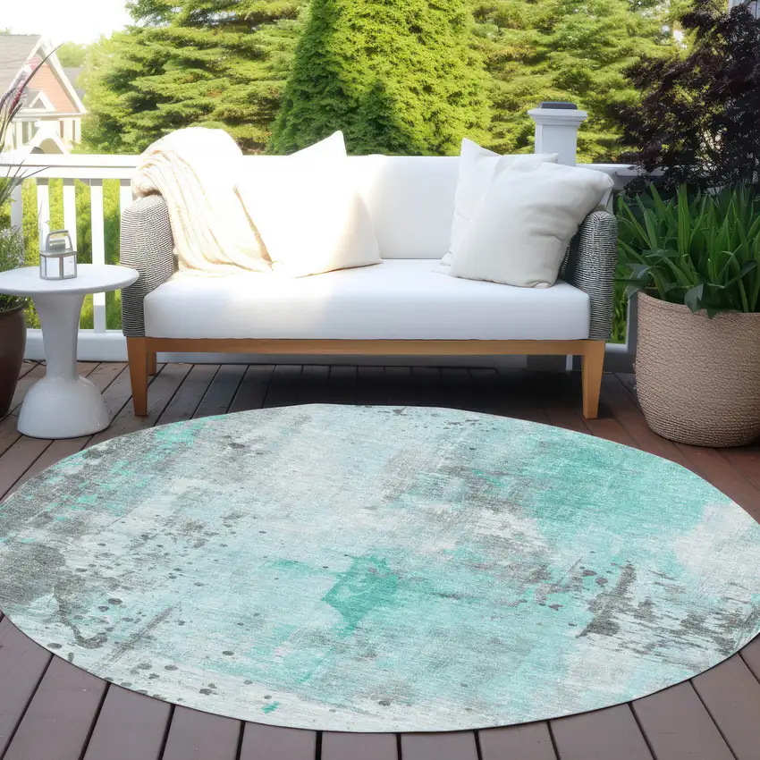 8' Teal Blue And Gray Round Abstract Washable Indoor Outdoor Area Rug Photo 5