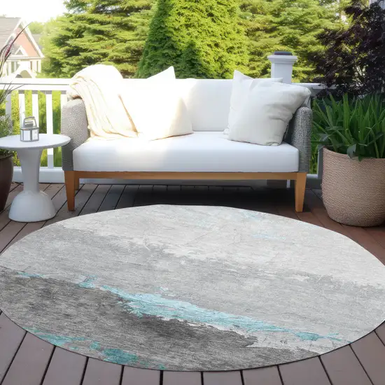 8' Teal Blue And Gray Round Abstract Washable Indoor Outdoor Area Rug Photo 5