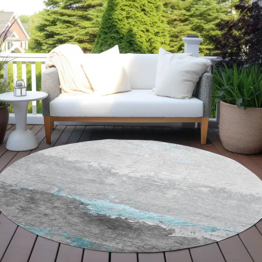 8' Teal Blue And Gray Round Abstract Washable Indoor Outdoor Area Rug Photo 5