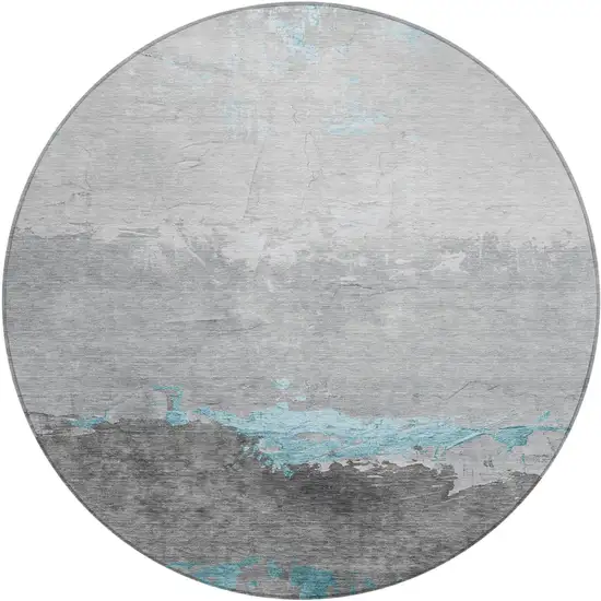 8' Teal Blue And Gray Round Abstract Washable Indoor Outdoor Area Rug Photo 1
