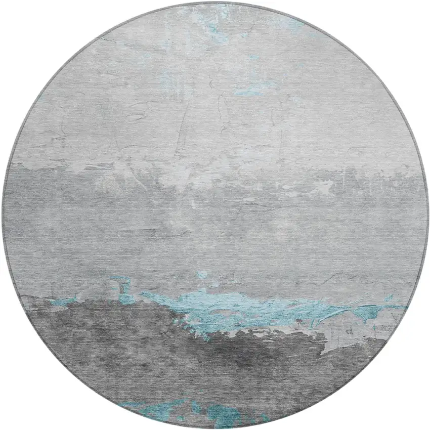 8' Teal Blue And Gray Round Abstract Washable Indoor Outdoor Area Rug Photo 1