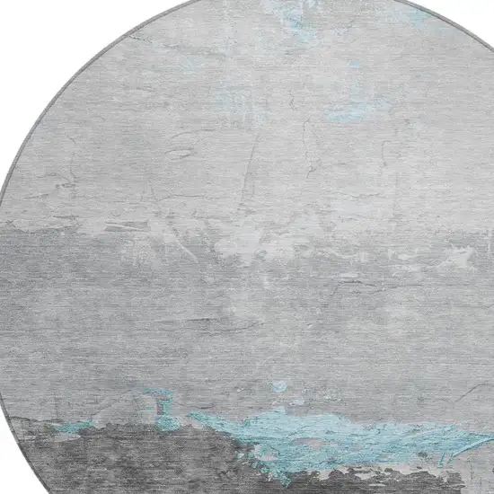 8' Teal Blue And Gray Round Abstract Washable Indoor Outdoor Area Rug Photo 4
