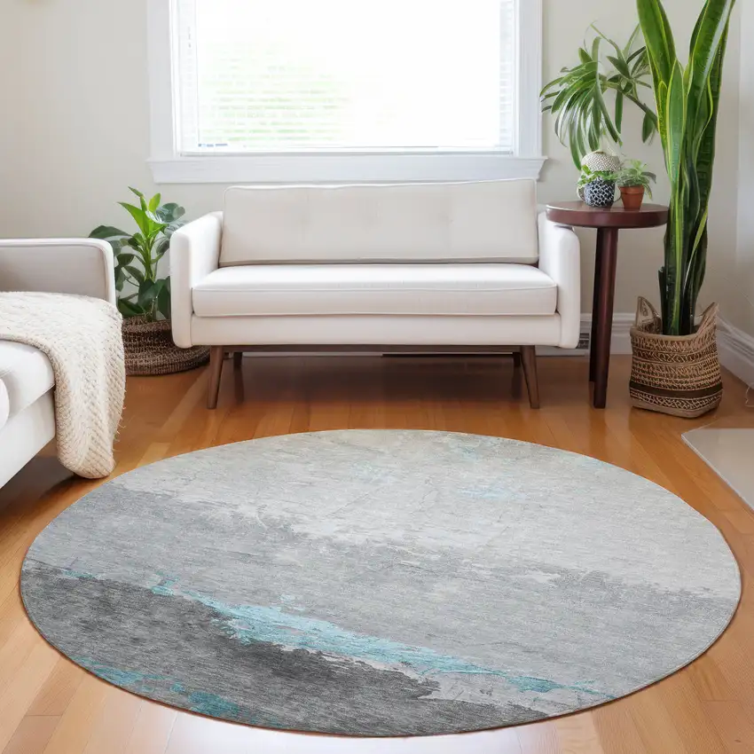 8' Teal Blue And Gray Round Abstract Washable Indoor Outdoor Area Rug Photo 6