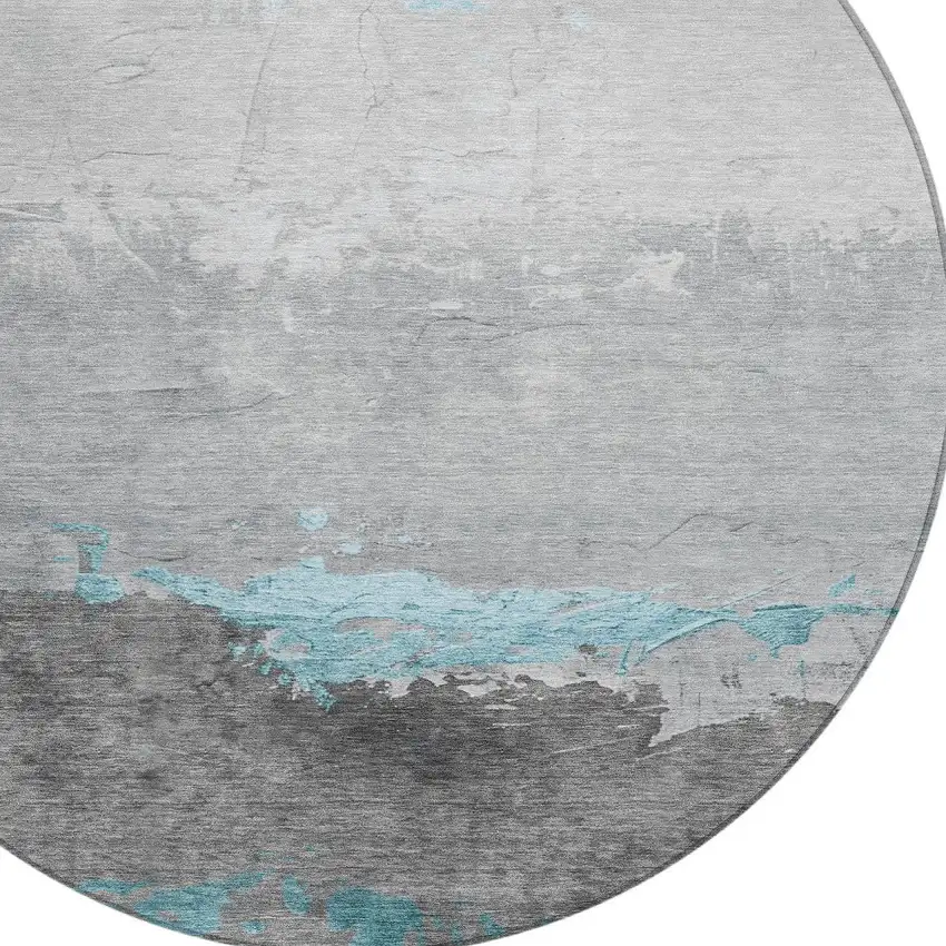 8' Teal Blue And Gray Round Abstract Washable Indoor Outdoor Area Rug Photo 8
