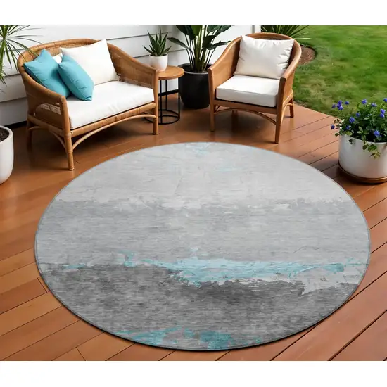 8' Teal Blue And Gray Round Abstract Washable Indoor Outdoor Area Rug Photo 2