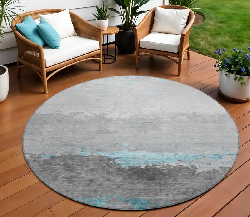 8' Teal Blue And Gray Round Abstract Washable Indoor Outdoor Area Rug Photo 2