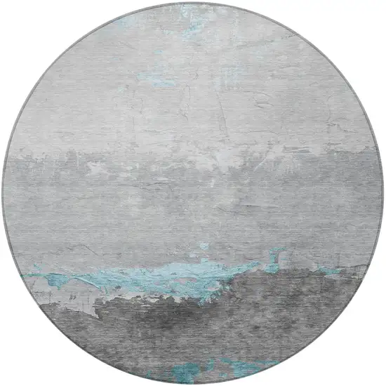 8' Teal Blue And Gray Round Abstract Washable Indoor Outdoor Area Rug Photo 3