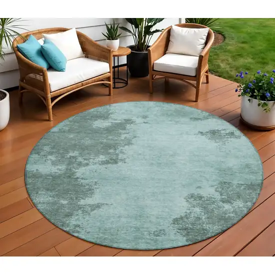 8' Teal Blue And Gray Round Abstract Washable Indoor Outdoor Area Rug Photo 2