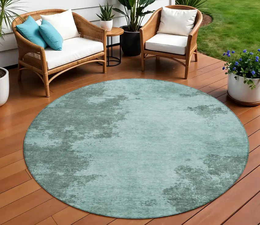 8' Teal Blue And Gray Round Abstract Washable Indoor Outdoor Area Rug Photo 2