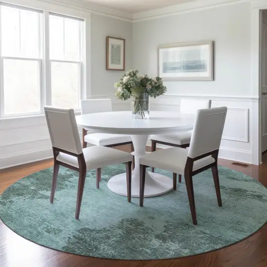 8' Teal Blue And Gray Round Abstract Washable Indoor Outdoor Area Rug Photo 6