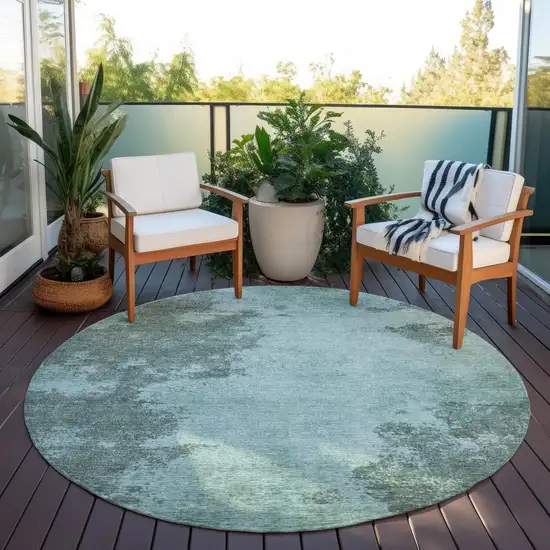 8' Teal Blue And Gray Round Abstract Washable Indoor Outdoor Area Rug Photo 5