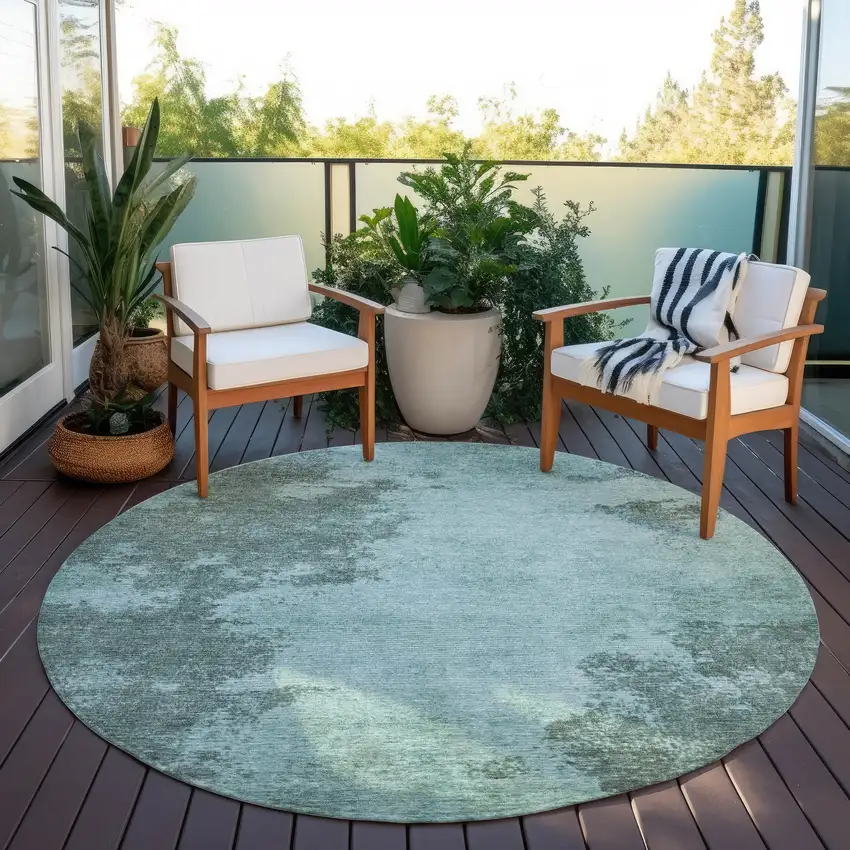 8' Teal Blue And Gray Round Abstract Washable Indoor Outdoor Area Rug Photo 5