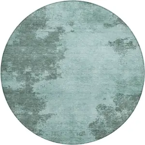 Photo of 8' Teal Blue And Gray Round Abstract Washable Indoor Outdoor Area Rug