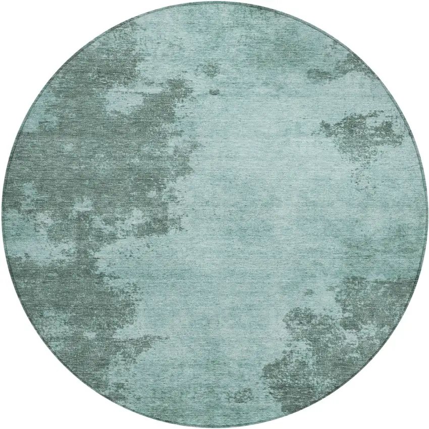8' Teal Blue And Gray Round Abstract Washable Indoor Outdoor Area Rug Photo 1