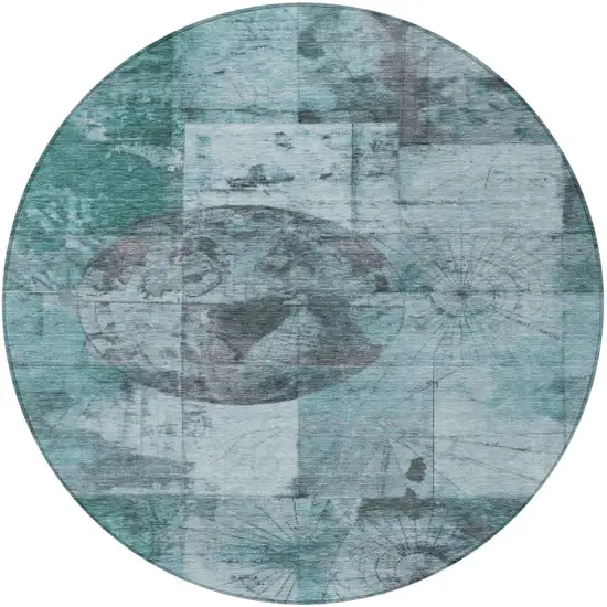 8' Teal Blue And Gray Round Abstract Washable Indoor Outdoor Area Rug Photo 4