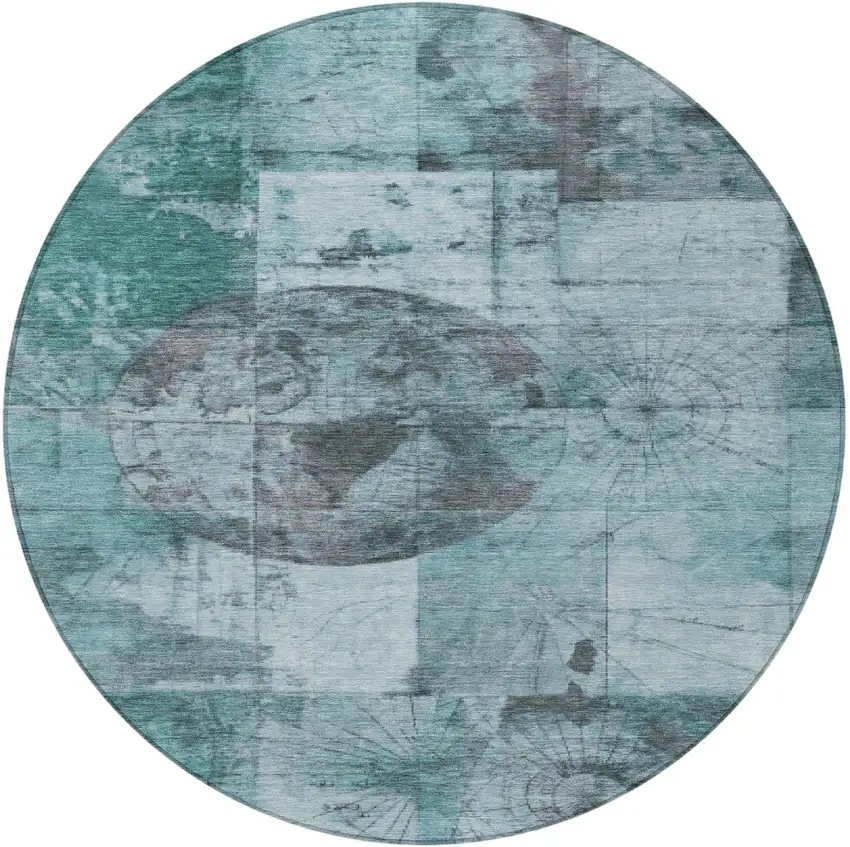 8' Teal Blue And Gray Round Abstract Washable Indoor Outdoor Area Rug Photo 4