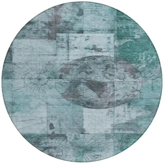 8' Teal Blue And Gray Round Abstract Washable Indoor Outdoor Area Rug Photo 3