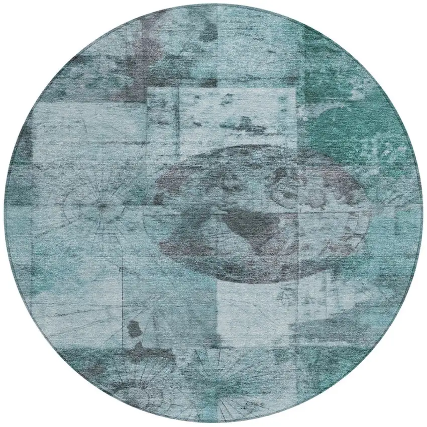8' Teal Blue And Gray Round Abstract Washable Indoor Outdoor Area Rug Photo 3