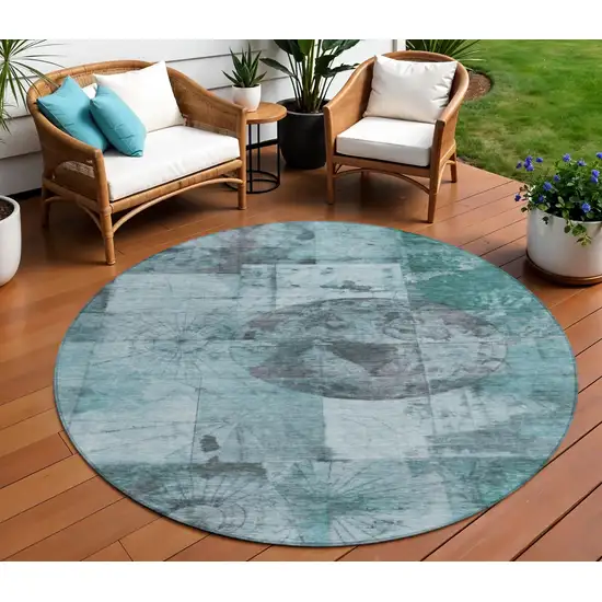8' Teal Blue And Gray Round Abstract Washable Indoor Outdoor Area Rug Photo 2