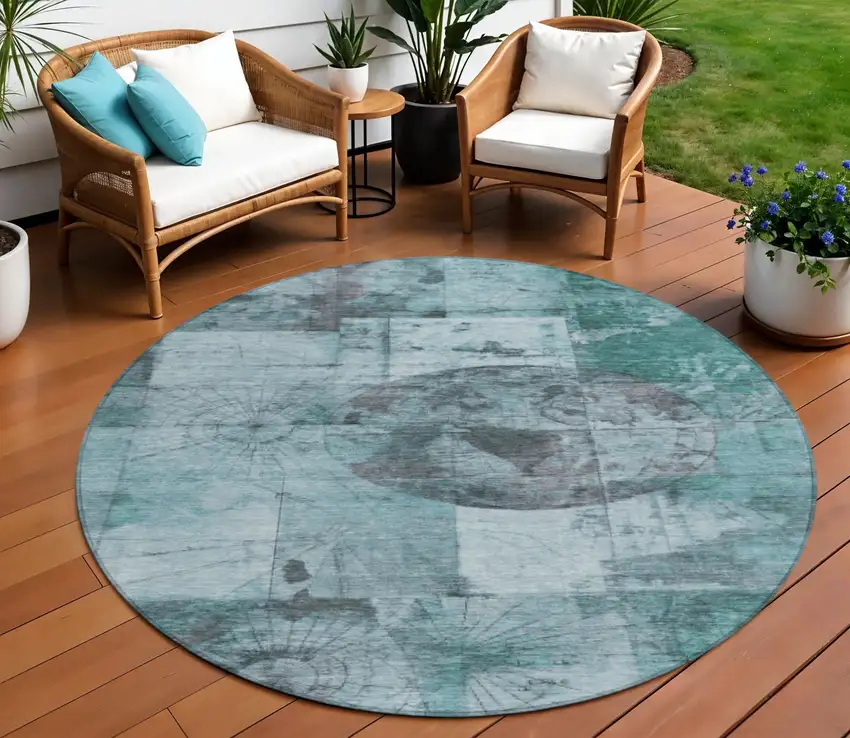 8' Teal Blue And Gray Round Abstract Washable Indoor Outdoor Area Rug Photo 2