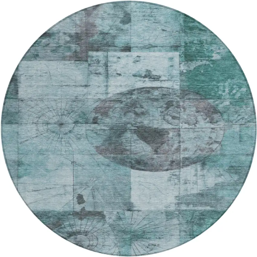 8' Teal Blue And Gray Round Abstract Washable Indoor Outdoor Area Rug Photo 1