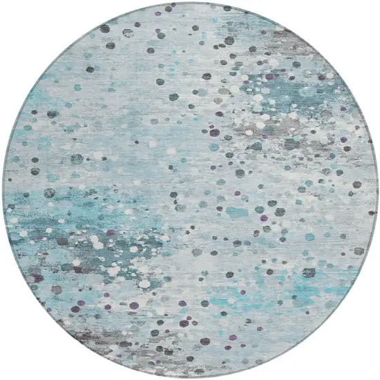 8' Teal Blue And Gray Round Abstract Washable Indoor Outdoor Area Rug Photo 1