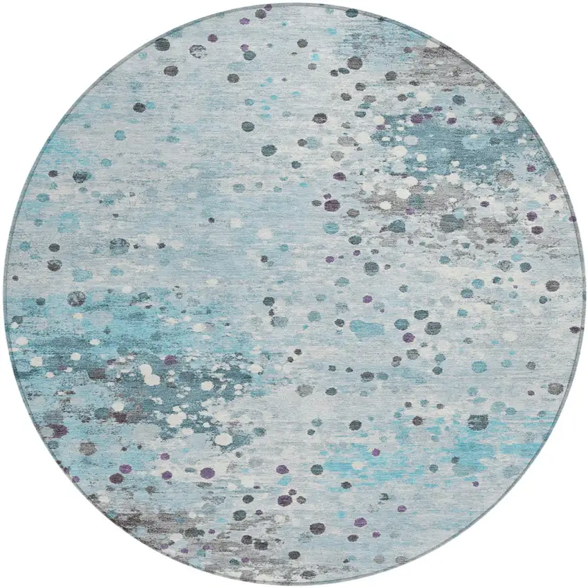 8' Teal Blue And Gray Round Abstract Washable Indoor Outdoor Area Rug Photo 1