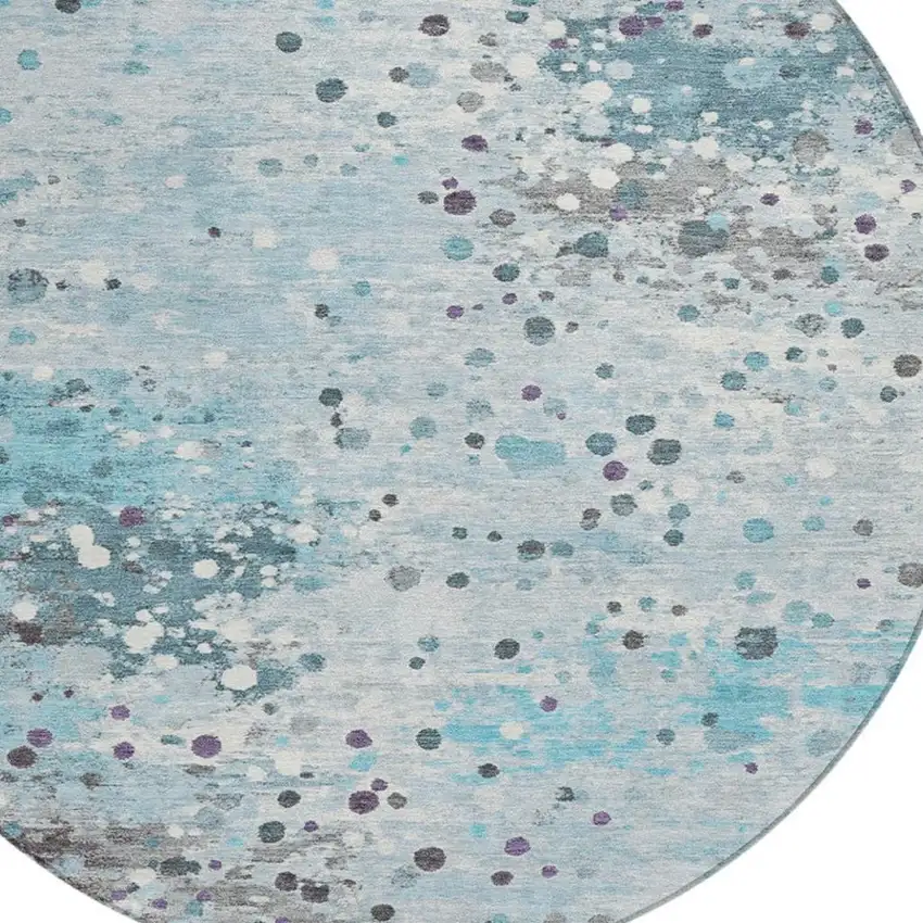 8' Teal Blue And Gray Round Abstract Washable Indoor Outdoor Area Rug Photo 8