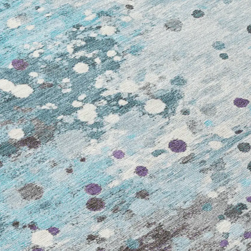 8' Teal Blue And Gray Round Abstract Washable Indoor Outdoor Area Rug Photo 9