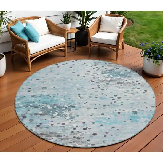8' Teal Blue And Gray Round Abstract Washable Indoor Outdoor Area Rug Photo 2