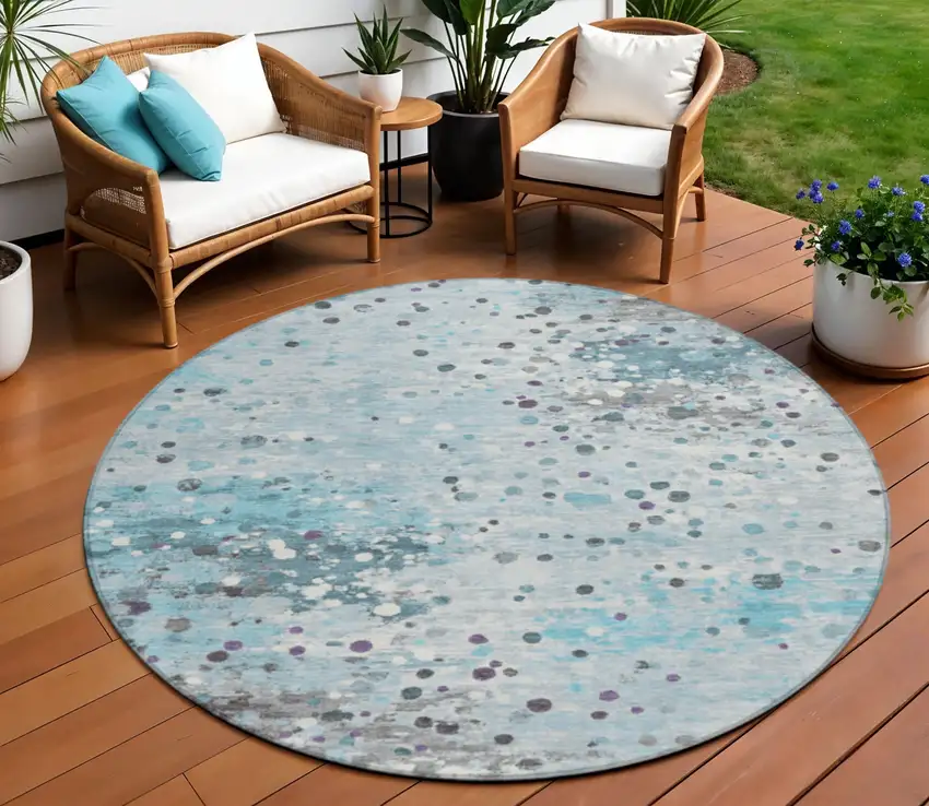 8' Teal Blue And Gray Round Abstract Washable Indoor Outdoor Area Rug Photo 2