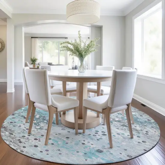 8' Teal Blue And Gray Round Abstract Washable Indoor Outdoor Area Rug Photo 6