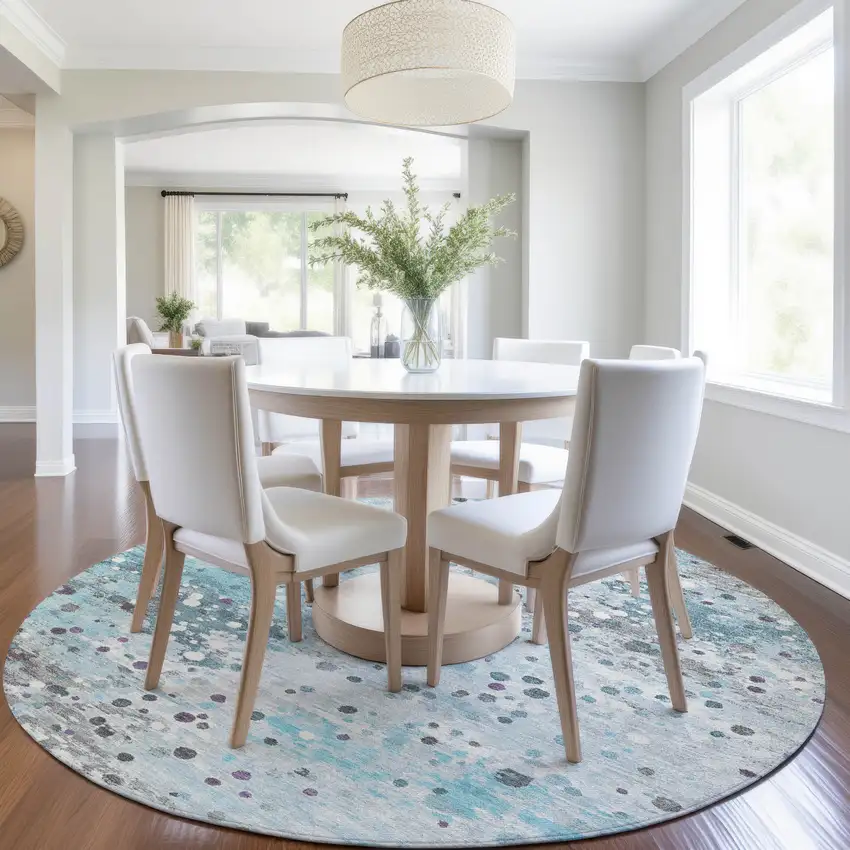 8' Teal Blue And Gray Round Abstract Washable Indoor Outdoor Area Rug Photo 6