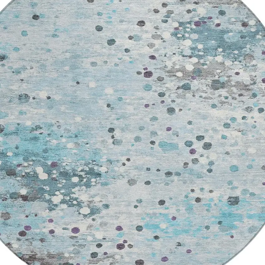 8' Teal Blue And Gray Round Abstract Washable Indoor Outdoor Area Rug Photo 4