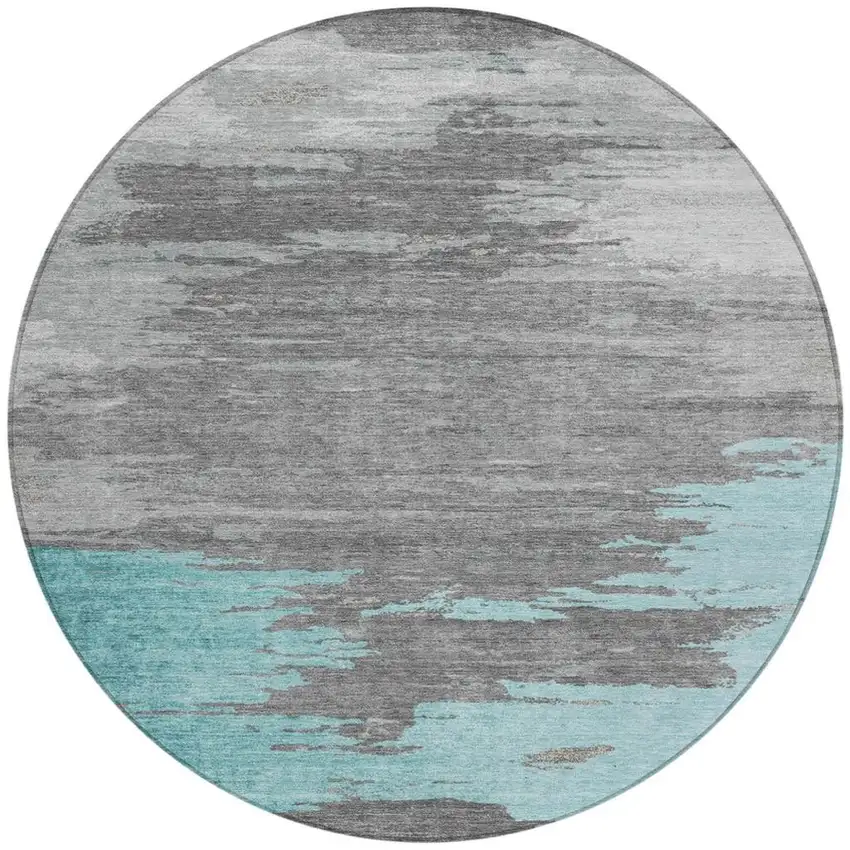 8' Teal Blue And Gray Round Abstract Washable Indoor Outdoor Area Rug Photo 3