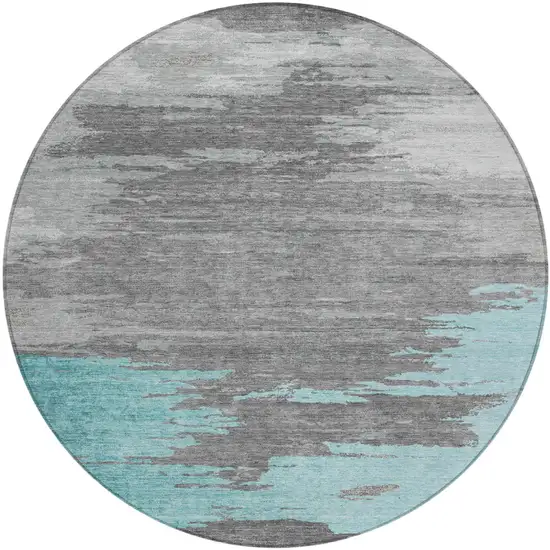 8' Teal Blue And Gray Round Abstract Washable Indoor Outdoor Area Rug Photo 1