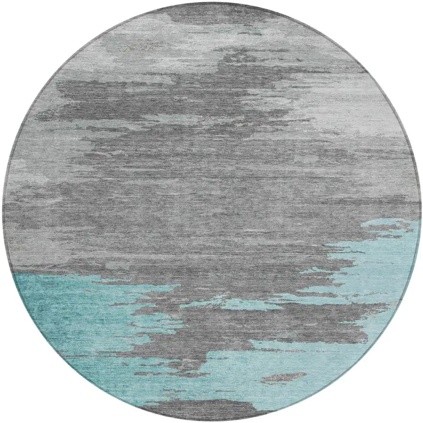 8' Teal Blue And Gray Round Abstract Washable Indoor Outdoor Area Rug Photo 1