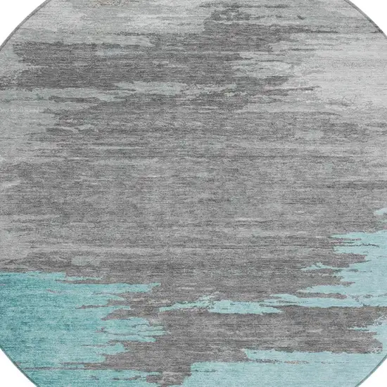 8' Teal Blue And Gray Round Abstract Washable Indoor Outdoor Area Rug Photo 4