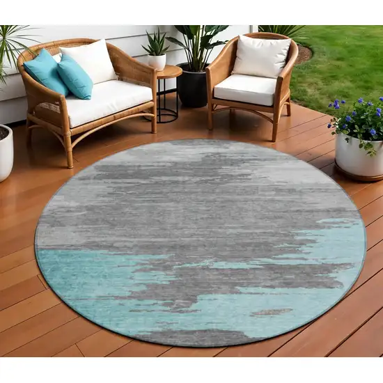 8' Teal Blue And Gray Round Abstract Washable Indoor Outdoor Area Rug Photo 2